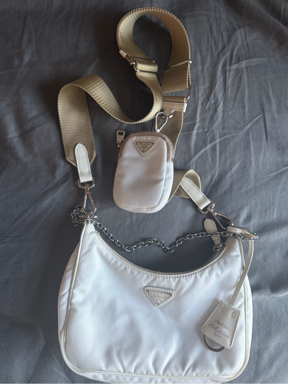 Prada Cream Nylon Shoulder Bag with Detachable Strap Pouch